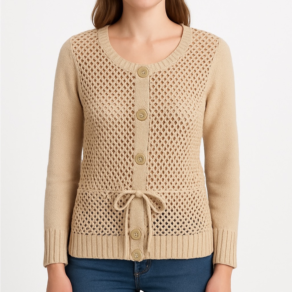 GAP Women’s Medium Beige Y2K Open Knit Cardigan Sweater Button Front Tie Waist